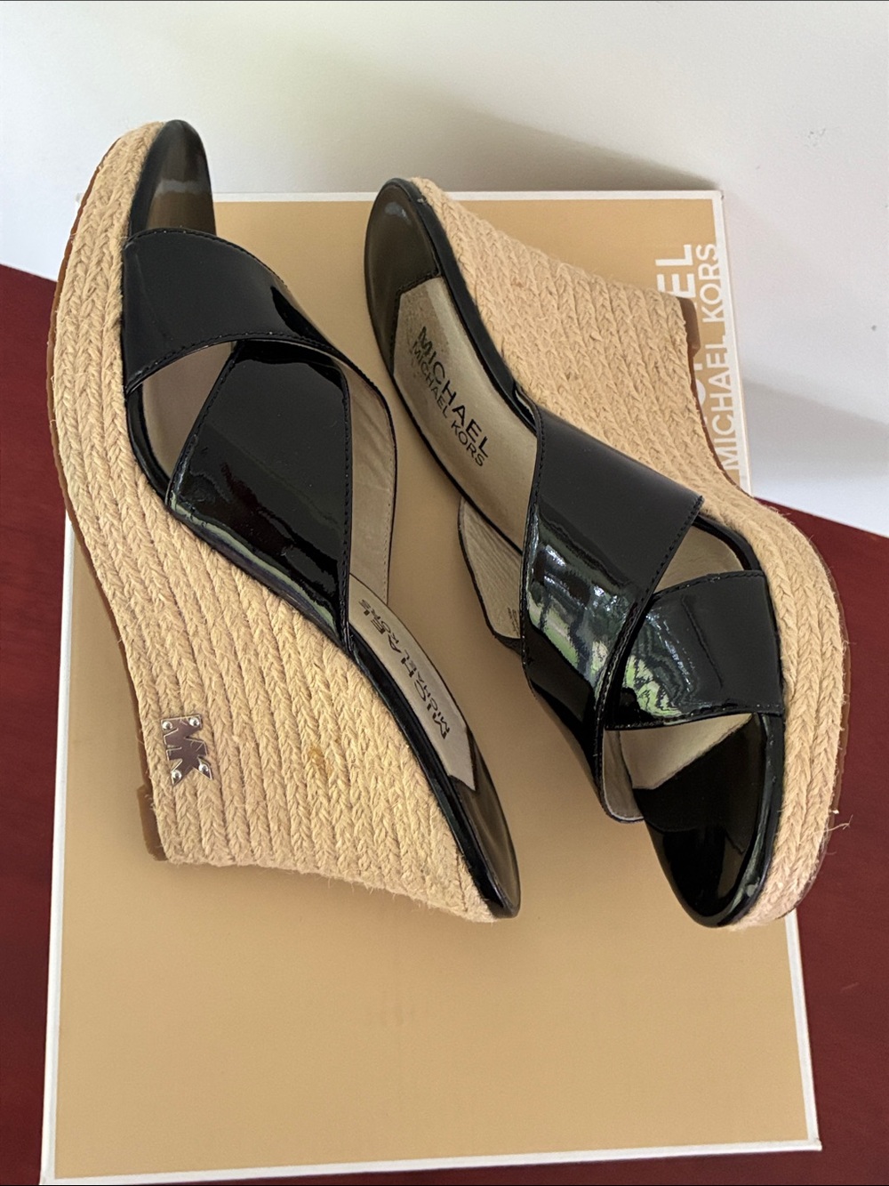 MICHAEL Michael Kors Black Patent Espadrille Wedge Slides - Picture 11 of 12